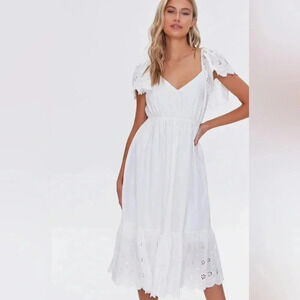 White Cotton Floral puffy shoulders Dress, Medium bride boho bridal western